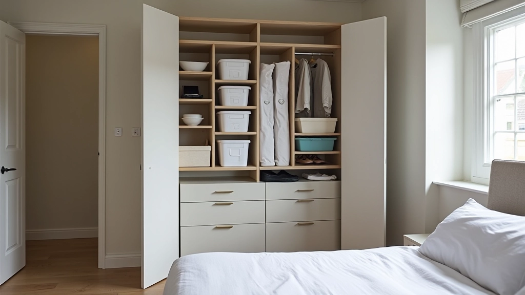 Bedroom storage system showing rotating bins with some stored in closet and others on active display shelves