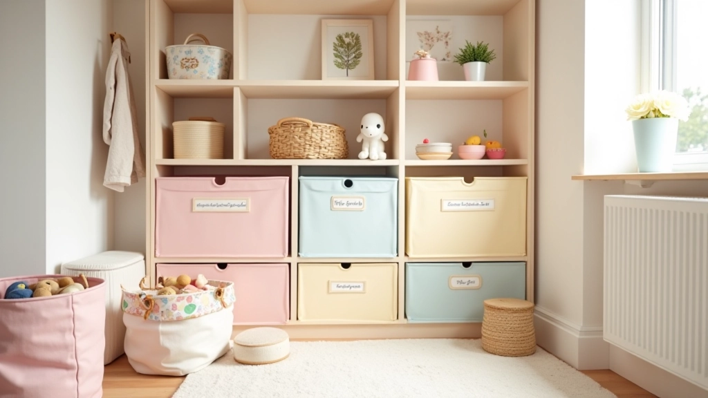 Children's bedroom with labelled storage bins and toy rotation system