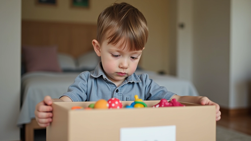 Child organizing toys into labeled bins with focused expression showing responsibility and task engagement