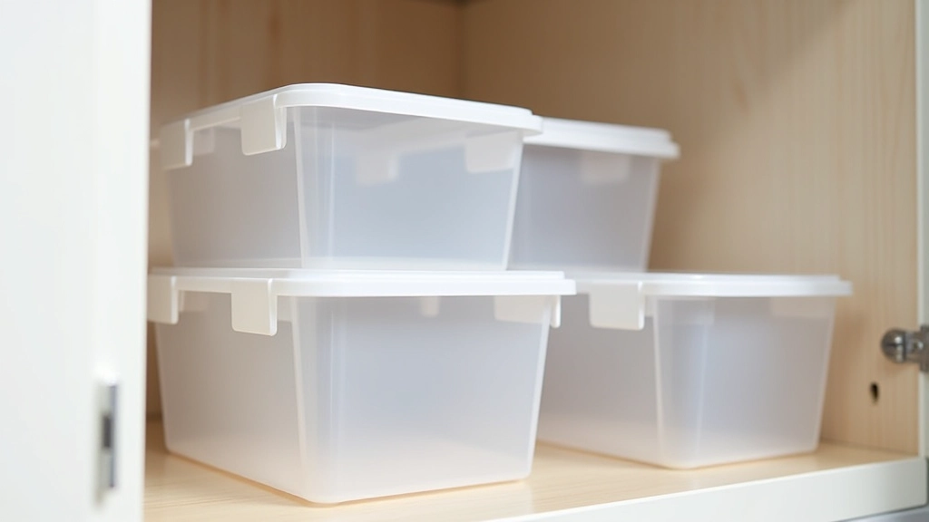 Close-up of clear plastic storage containers neatly stacked in kitchen press with labels