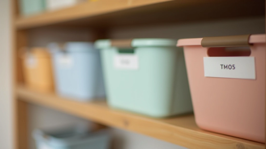 Close-up of color-coded labeled storage bins with clear text labels arranged on bedroom shelving unit