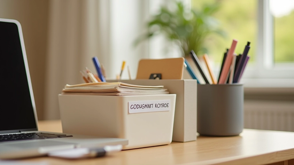 Detailed view of organized filing system with labeled folders and document organizer on a home office desk