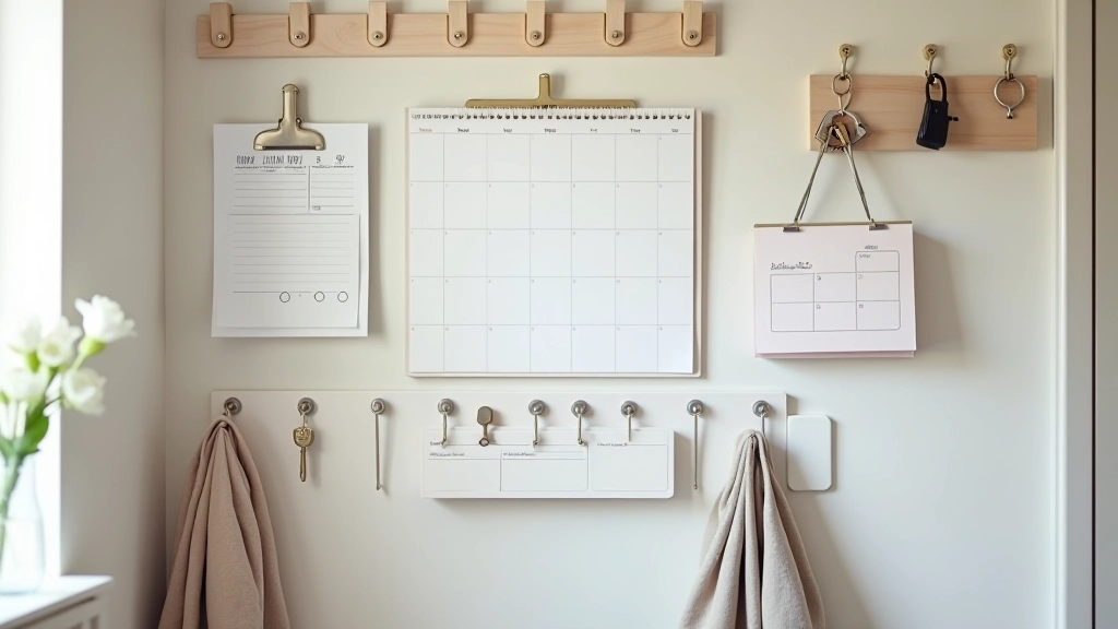 Family command center wall with organized calendar, key hooks, and labeled paperwork sections in a modern home