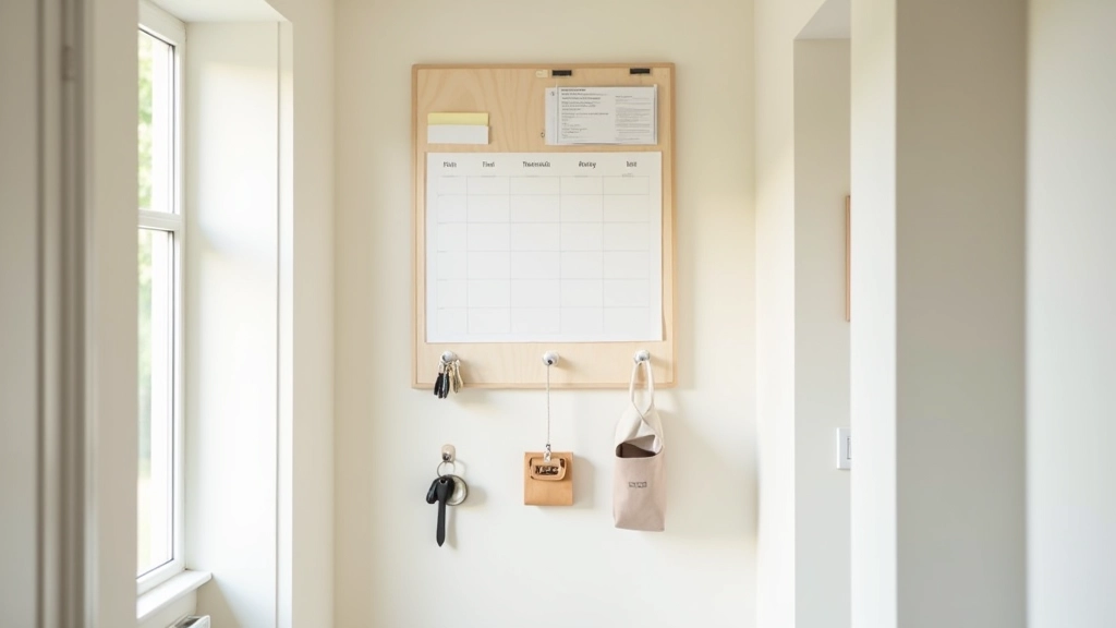 Well-organized hallway with wall-mounted command centre featuring calendar, key hooks, and paper organizer in a bright Irish home