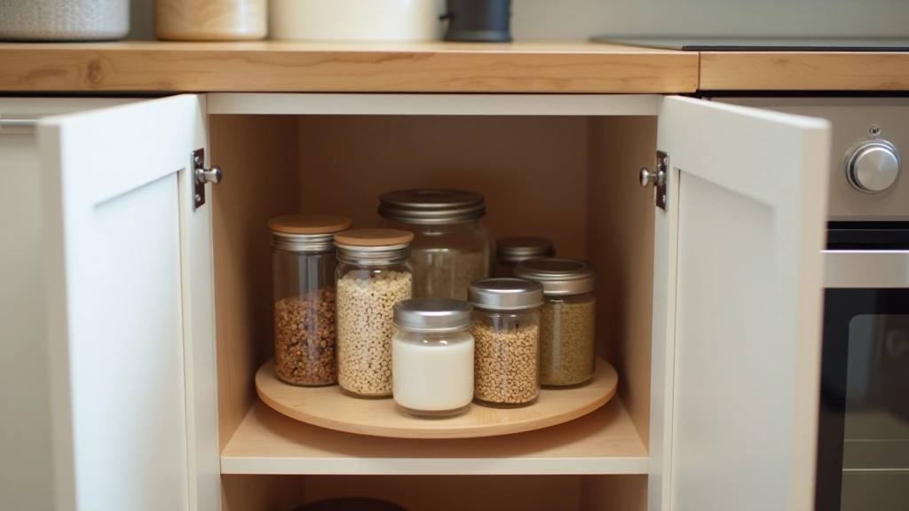 Lazy Susan carousel organizer inside kitchen press with spice jars and small containers
