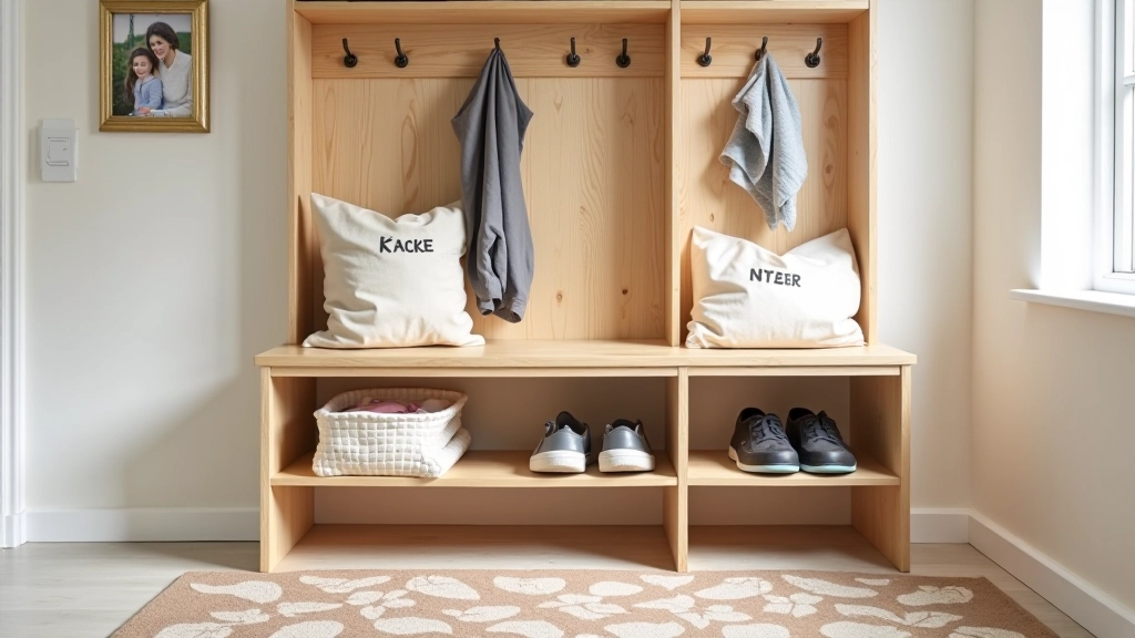 Organized mudroom with labeled shoe cubbies, color-coded hooks for each family member, and a moisture-absorbing mat