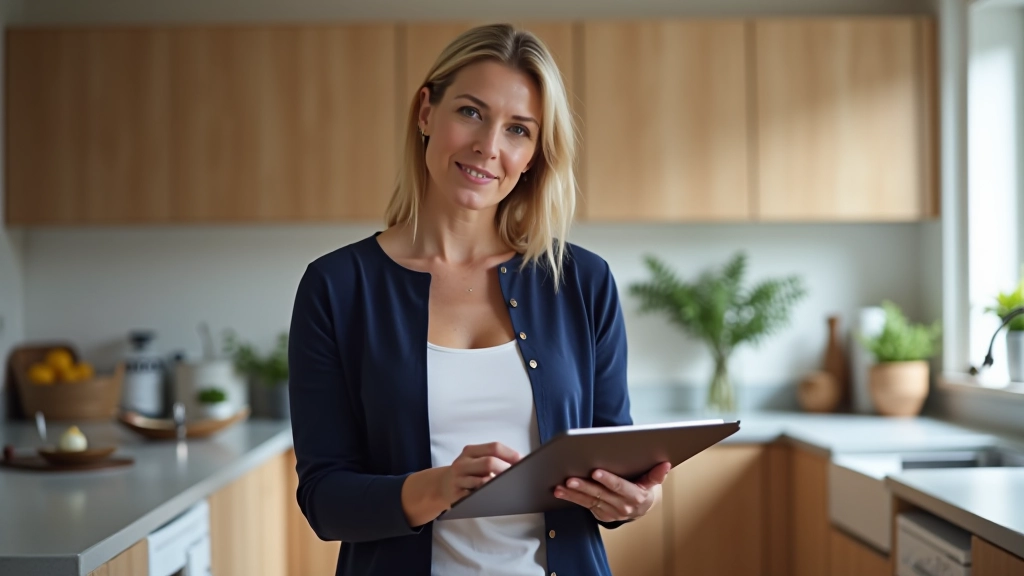 Home organization consultant working with family in modern Irish kitchen, discussing storage solutions and planning